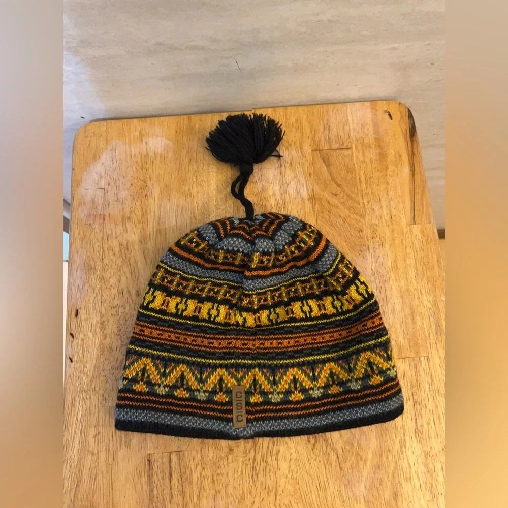 Columbia Children's Knit Geometric Pom Beanie Hat in Black, Yellow & Orange